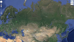 Flight route from Zurich (A, ZRH) to Moscow (B, DME) and Yakutsk (C, YKS) (Map: Google Earth)