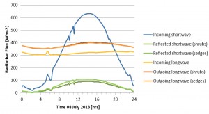 First energy flux measurements on an almost perfectly sunny day (08 July 2013). Plot includes incoming short- and longwave radiation, as well as reflected shortwave and outgoing longwave for shrub-dominated and sedge-dominated patches (Data: I. Juszak, G. Schaepman-Strub, UZH, 2013).