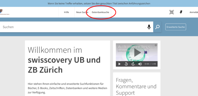 New: Database search in swisscovery