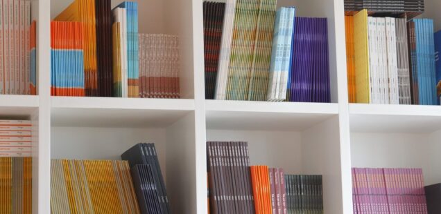 Bücherregal mit Zeitschriften und Büchern