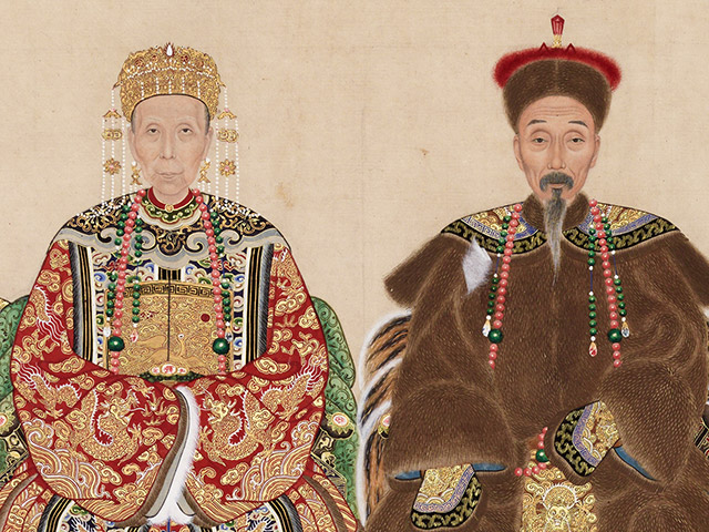 Detail of a scroll with ancestral portraits