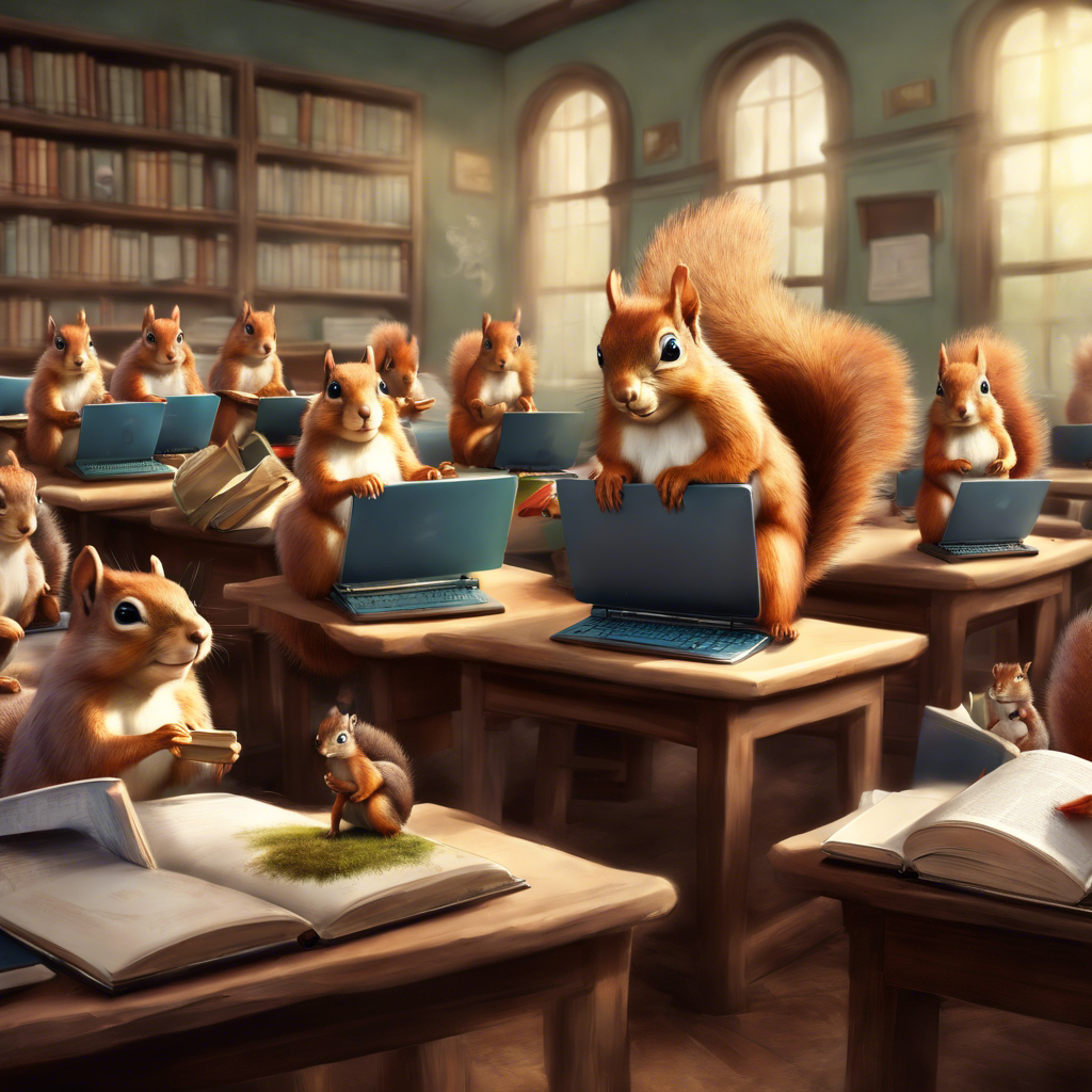 Eine Gruppe von Eichhörnchen an Laptops in einem Klassenzimmer mit vielen Büchern.