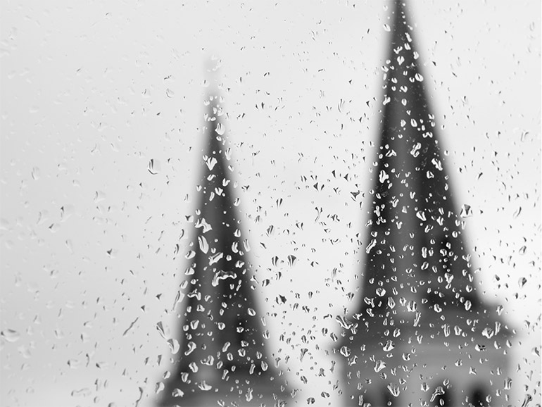 Church towers in the rain