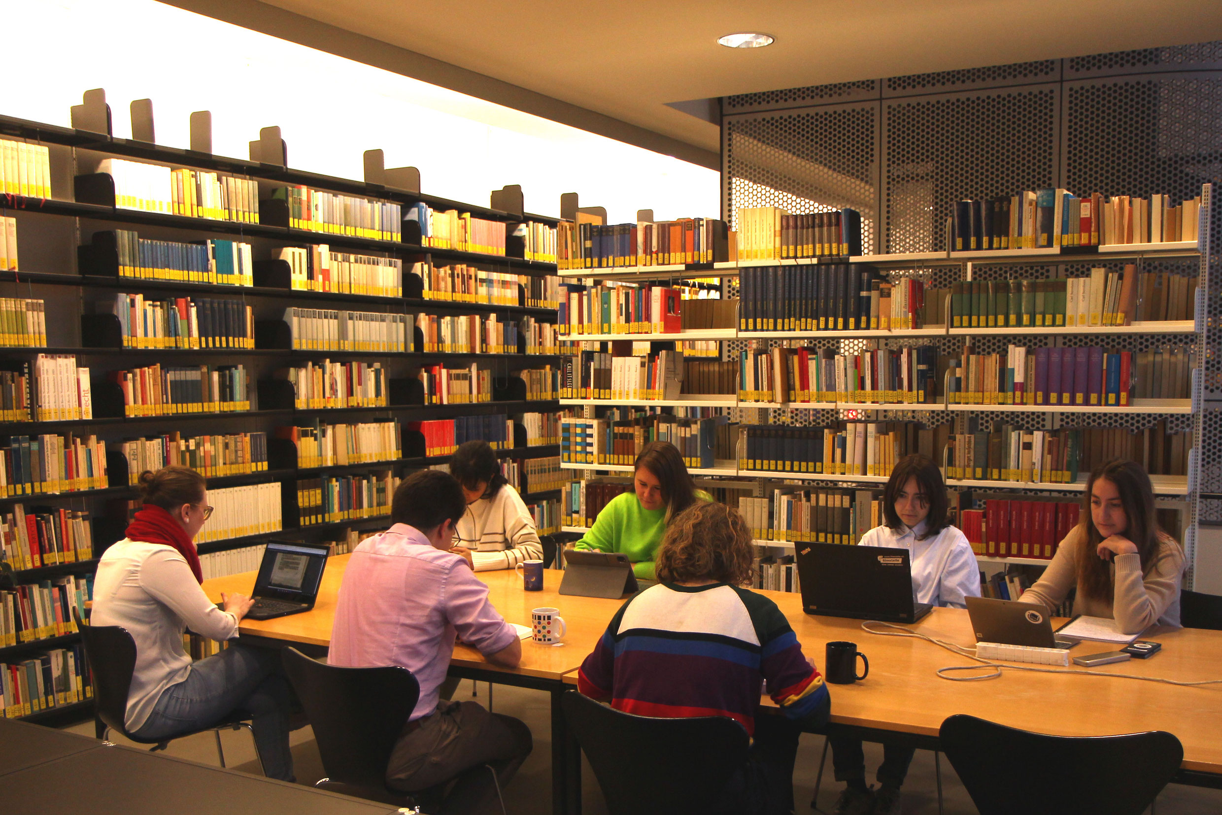Das Bild zeigt eine Gruppe von Studierenden in der Bibliothek am Deutschen Seminar. Sie sitzen an einem grossen Tisch und arbeiten konzentriert. Im Hintergrund sind grosse Bücherwände zu sehen.