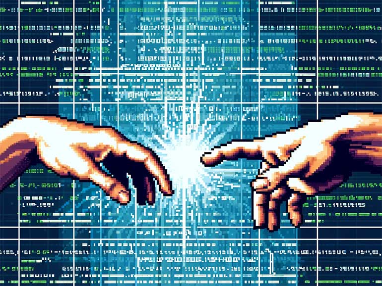 Michelangelo hands with digital code