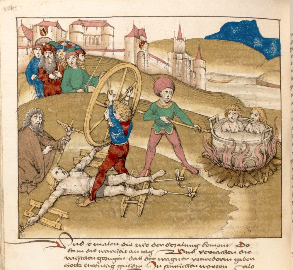 Der Betrüger Ueli Wagner wird 1499 durch den Luzerner Scharfrichter gerädert, ein Geistlicher steht ihm bei; daneben zeigt die Illustration die Hinrichtung seiner Helfer in Bern.