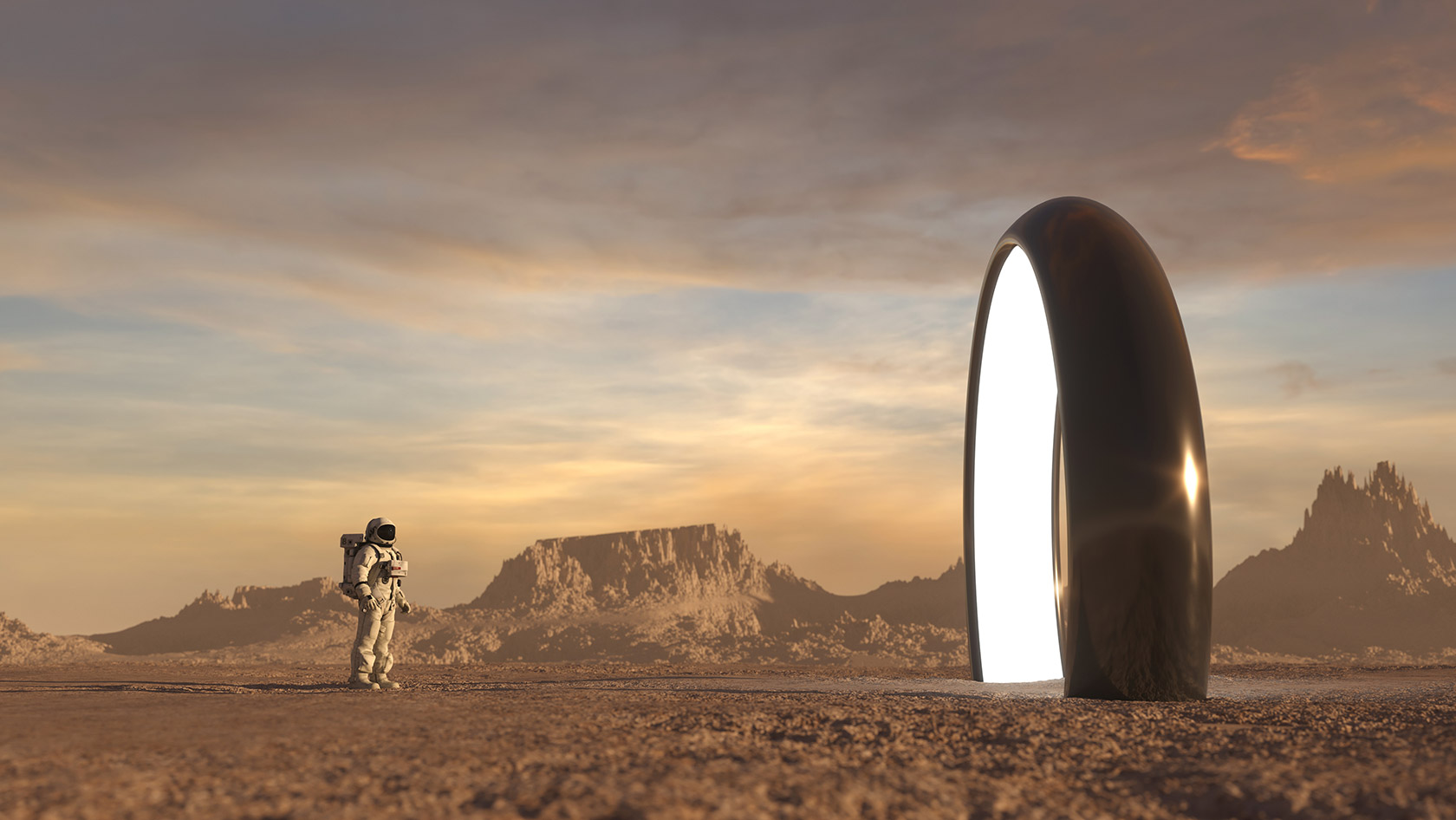 Visualisierung: Astronaut:in vor hell erleuchtetem Tor