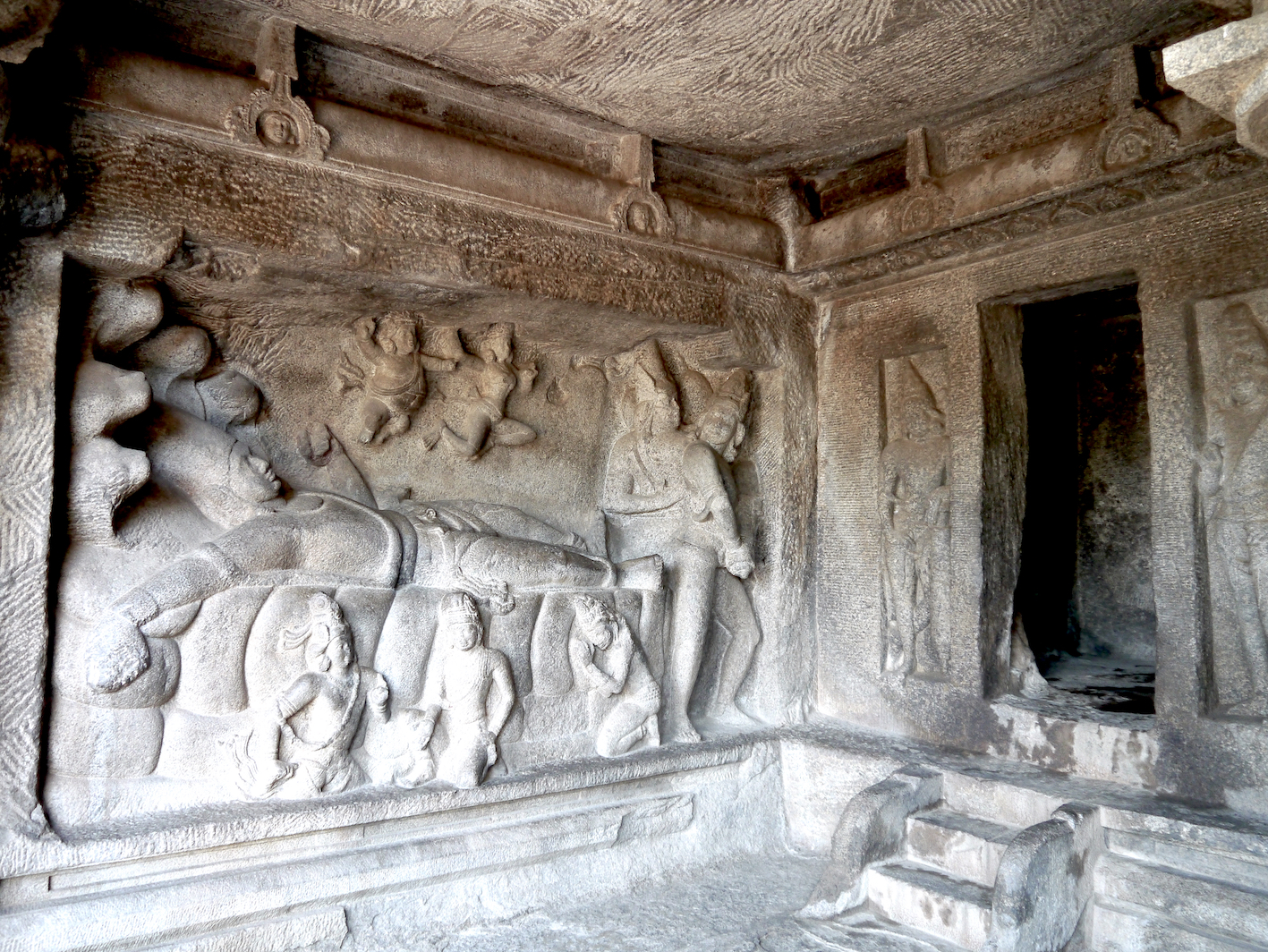 Vishnu Reclining on the Serpent Bed (Sheshanaag) and Dreaming the World, 7 c. CE, cave temple, Mahabalipuram, Tamilnadu