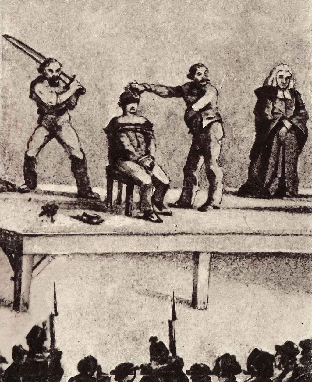 Héli Freymond († 10. Januar 1868) war ein Schweizer Straftäter, an dem das letzte Todesurteil im Kanton Waadt vollstreckt wurde. (Zeichnung von Charles Vuillermet, 1868).