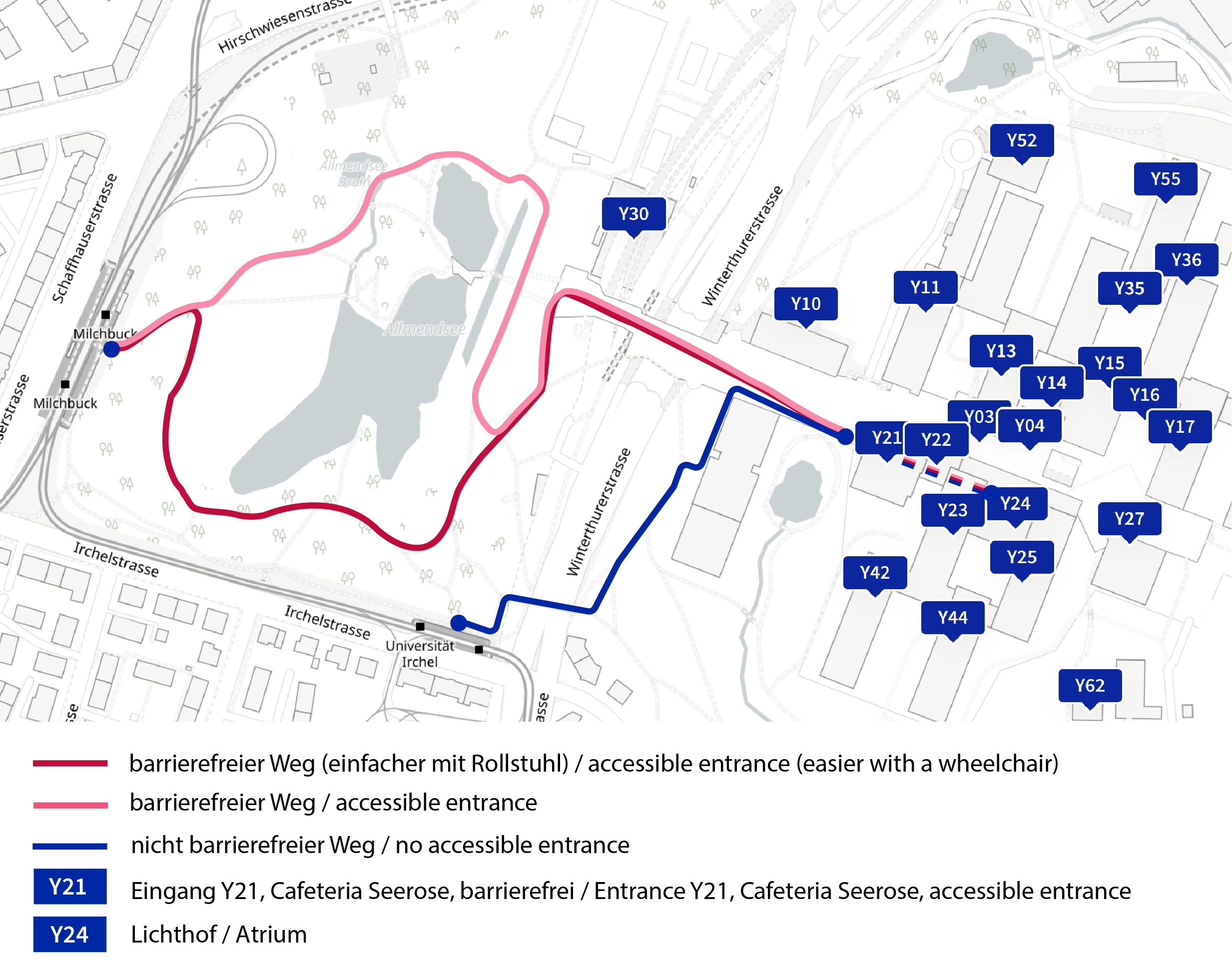 Directions for wheelchair users to the Irchel Campus atrium from the Milchbuck stop