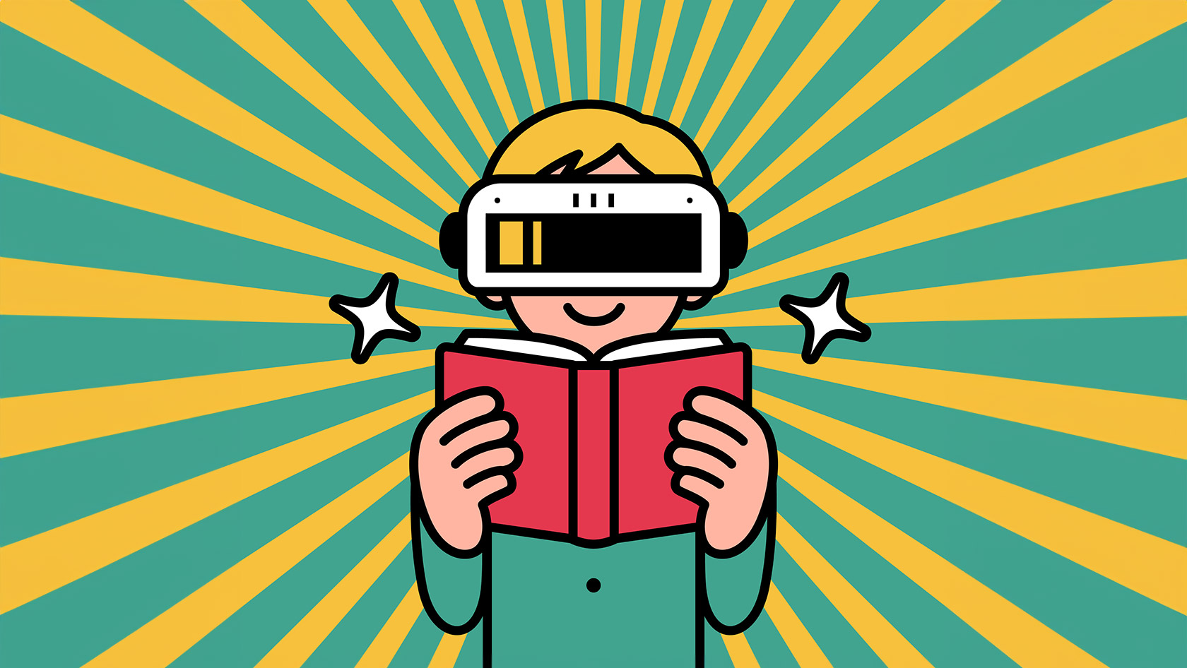 Comic-Illustration: Person liest Buch mit VR-Brille