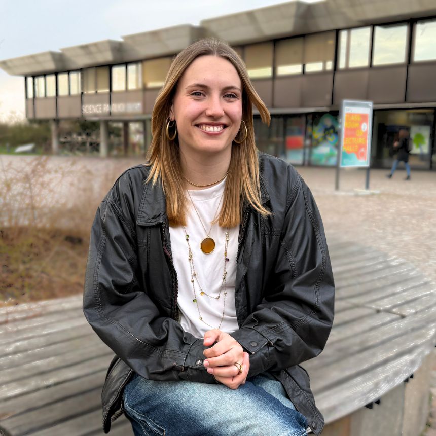 Emma on a bench at Irchel Campus