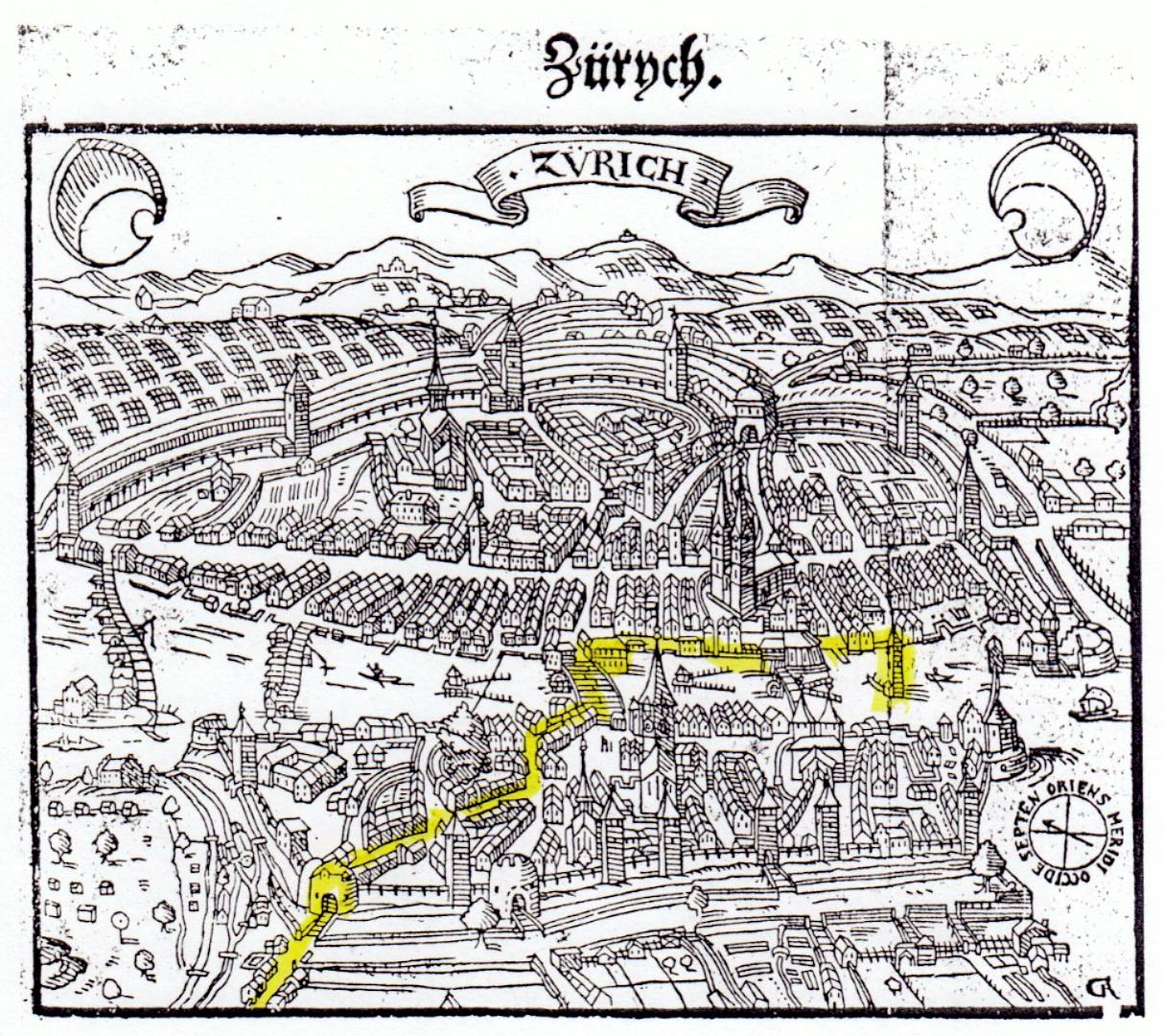 Karte von Zürich, darauf von Hand eingezeichnet der Weg.