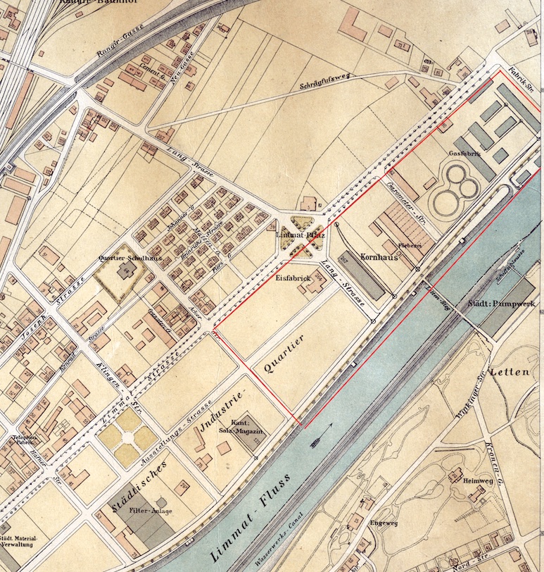 Auf dem Zürcher Stadtplan von 1885 ist die «Marstallermatte» nicht mehr eingezeichnet. Der Eintrag würde jedoch in die Nähe der Gasfabrik, resp. in den Bereich der Gasometer-Strasse zu liegen kommen. Stadtarchiv Zürich IX.C.83.
